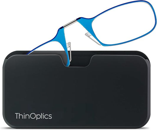 ThinOptics unisex-adult Reading Glasses + Black Universal Pod Case | Blue Frames, 1.50 Strength Readers Blue Frames / Black Case, 44 mm