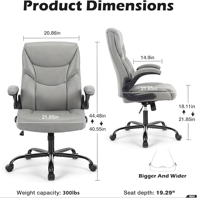 DUMOS PU Leather Office Chair - Ergonomic Executive Computer Desk Chairs with Adjustable Flip-up Armrest, Swivel Task Chair with Lumbar Support, Strong Metal Base, Grey