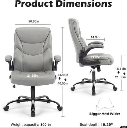 DUMOS PU Leather Office Chair - Ergonomic Executive Computer Desk Chairs with Adjustable Flip-up Armrest, Swivel Task Chair with Lumbar Support, Strong Metal Base, Grey
