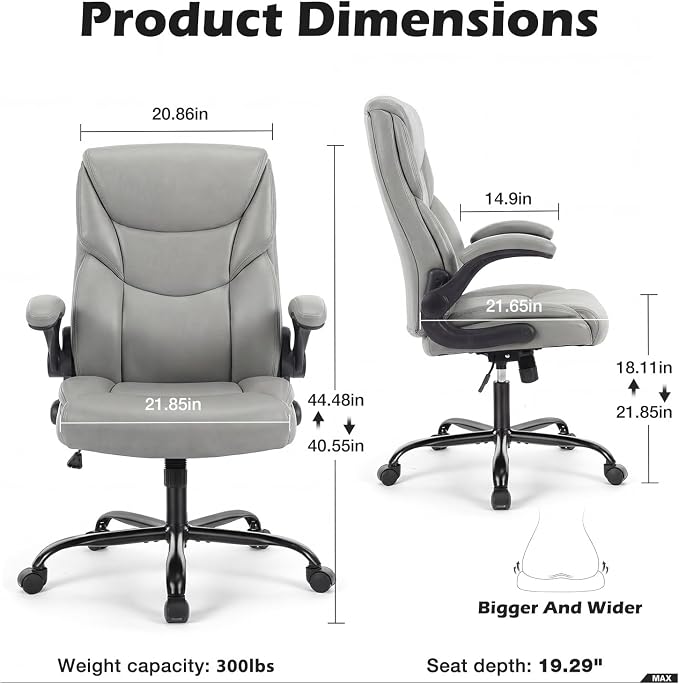 DUMOS Office Chair Set of 2 - Ergonomic Executive Computer Desk Chairs with Adjustable Flip-up Armrest, Swivel Task Chair with Lumbar Support, Strong Metal Base, PU Leather, Grey