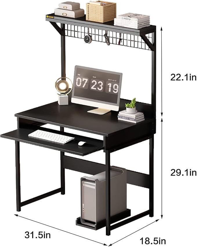 Computer Desk with Hutch and Storage Shelves，31.5 Inch Desk with Keyboard Tray and Metal Mesh Panel, Small Study Writing Workstation Bookshelf for Home Office, Brown