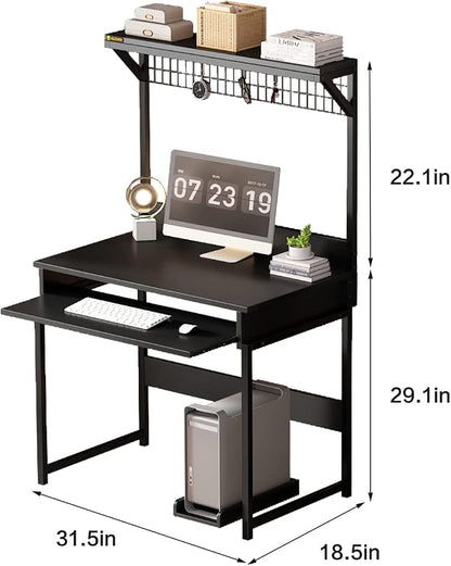 Computer Desk with Hutch and Storage Shelves，31.5 Inch Desk with Keyboard Tray and Metal Mesh Panel, Small Study Writing Workstation Bookshelf for Home Office, Brown