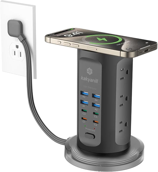 Power Strip Tower, PD 65W USB Charging Tower, kakyanill Surge Protector Tower 9 AC Outlets 8 USB (4 USB C), 6 Ft Retractable Extension Cord, Charging Station for Office Dorm Room, Black