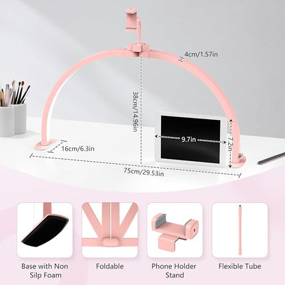 Yokilly Half Moon Light for Nail Desk: 29" Foldable Half Moon Nail Desk Lamp with Phone Holder for Beginner - Arch Tech Light with 3 Color Modes & 10 Brightness for Manicure Salon (Pink)