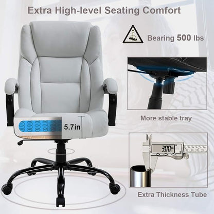 Office Chair 500lbs Wide Seat Ergonomic Desk Chair PU Leather Computer Chair Task High Back Executive Chair with Lumbar Support Armrest Adjustable Chair for Heavy People, White