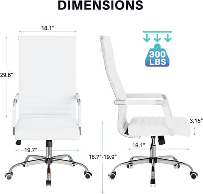 Shahoo Ribbed Office Chair, High-Back PU Leather Office Chair Executive Task Chair with 360° Swivel Wheels for Conference Room, Home Offices (White)