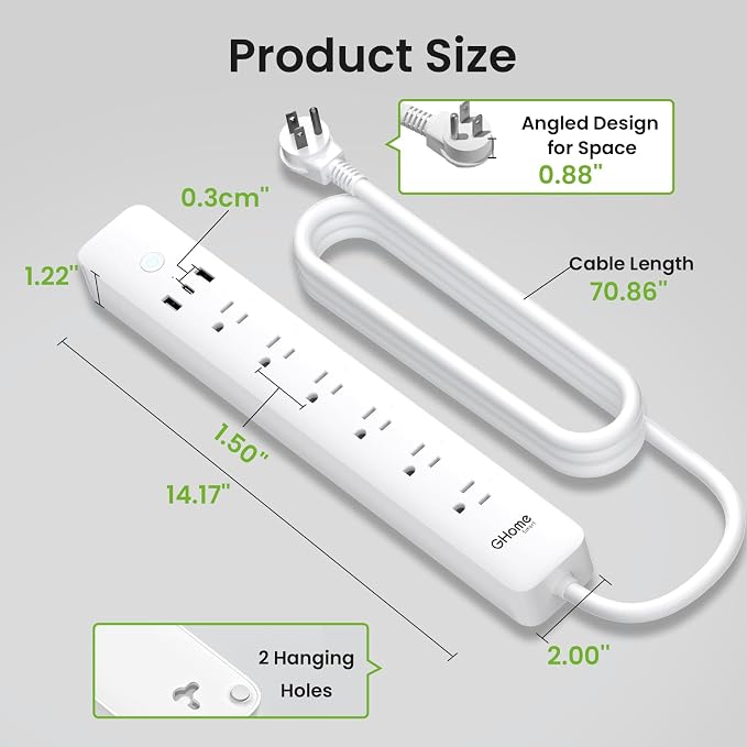 GHome Smart Power Strip 15A, 2.4G WiFi Smart Plugs That Work with Alexa & Google Home, Surge Protector Flat Plug with 6 APP Control WiFi Outlets, FCC Listed, 7.18 Ft Flat Extension Cord, No Hub Needed