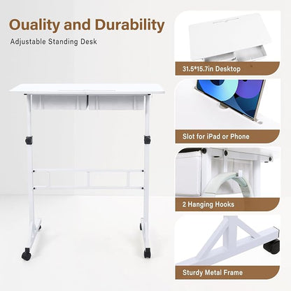 Small Standing Desk for Walking Pad with Drawers, 27.6"-49.2" Adjustable Folding Standing Desk, 32in Portable Standing Desk on Wheels, Rolling Desk for Home/Classroom/Office, White