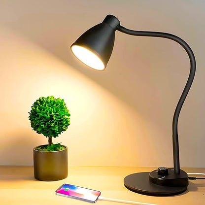 BOHON LED Desk Lamp with USB Charging Port 3 Color Modes Dimmable, Black | Reading Light Intelligent Induction Auto Dimming Task Lamp Neck Flexible Table Lamp for Bedside Office, AC Adapter Include