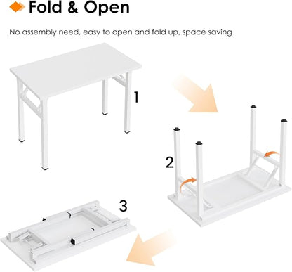 Need 35.8 Inch Folding Desk for Small Spaces, Home Office Computer Desk with Wood Top & Black Frame, Foldable Writing Table for Study, Bedroom, Dorm Room & Student, White