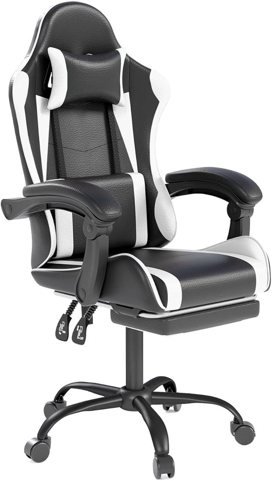 OS MOTOR Gaming Chair with Headrest and Lumbar Support, Ergonomic High Back Office Chair, Racing Style Executive Computer Desk Chair, Leather Adjustable Swivel Task Chair for Home Office (White)