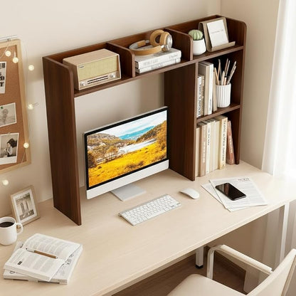 Tangkula Desktop Bookshelf, Countertop Storage Hutch with Shelves for Computer Desk, Desk 3-Tier Display Rack, Multipurpose Wood Desktop Hutch Storage Organizer for Dorm Office (Walnut)