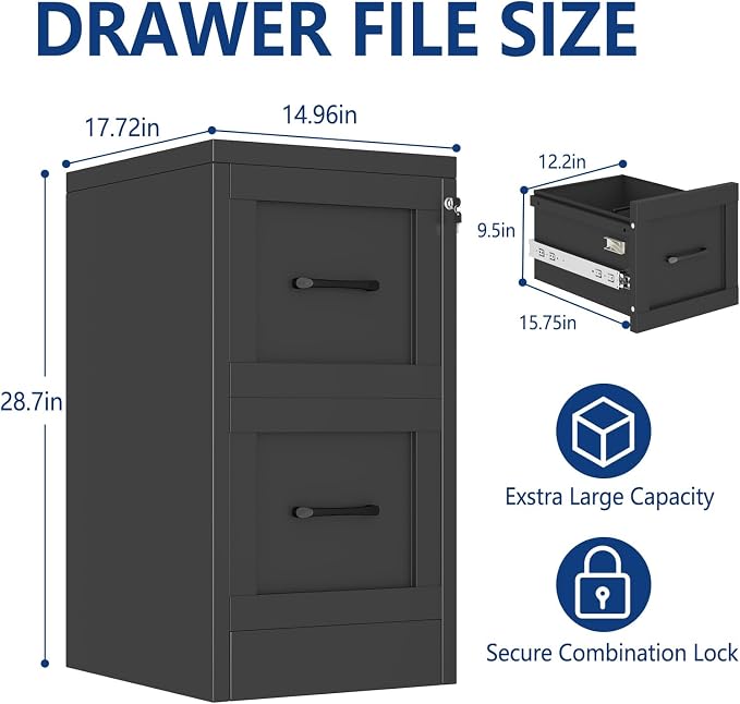 Ckzbx 2 Drawer File Cabinet with Lock, Narrow Vertical Filing Cabinet, Under Desk File Cabinets,Black Metal File Cabinets for Home Office,Fit Letter/A4/Legal Size File