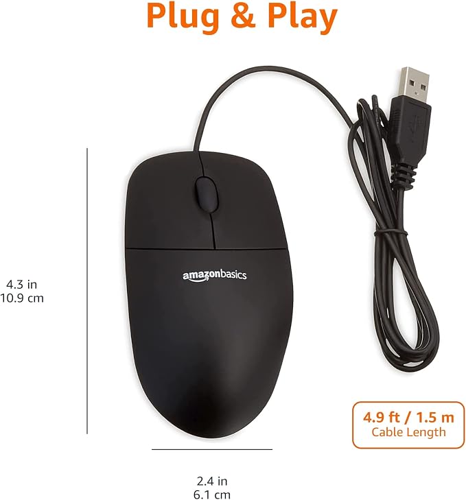 Amazon Basics 3-Button USB Wired Mouse with Responsive Tracking, Plug & Play, Compatible with Windows and Mac, Black
