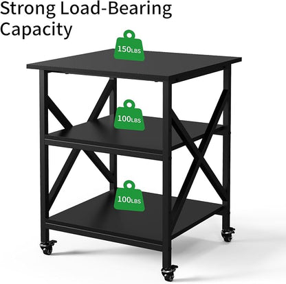 3 Tier Printer Stand, Large Table with Wheels, Rolling Cart with Height Adjustable Middle Storage Shelf, 23.6 x 23.6 x 30.3 Inches Shelf for Home Office, Black