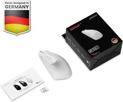 Perixx PERIMICE-813W Bluetooth Vertical Mouse - Wireless 3-in-1 Multi-Device Spec - Travelling Carry Bag - Ergonomic Right-Handed Design - White