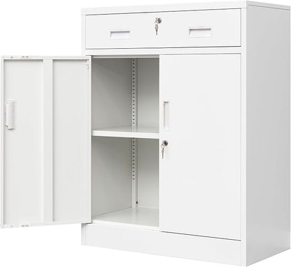 Wanfu Metal Storage Cabinet, Locking Cabinet with 1 Drawer and Adjustable Shelf, 36" H x 28" W x 16" D Steel Storage Cabinet for Office, Garage, Home-White