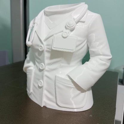 3D Printed Doctor Coat Pen Holder - Realistic Medical Desk Organizer with Stethoscope, White Doctor Sculpture Pen Cup for Office, Nurse, Medical Student Gift 4.8"x2.83"x4.72" (Female Doctor Style 2)