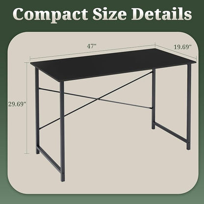 Computer Desk 48 Inch, Simple Home Office Desk Study Writing Table, Sturdy Metal Frame, Scratch-Resistant MDF Desktop for Bedroom Dorm Workspace, Black