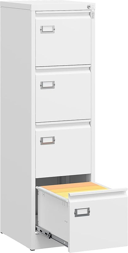SISESOL 4 Drawer File Cabinet with Lock and Tag,White Vertical File Cabinet,Narrow Locking Filing Cabinets with Drawers,Metal Filing Storage for Home Office Fit A4 Legal/Letter Size