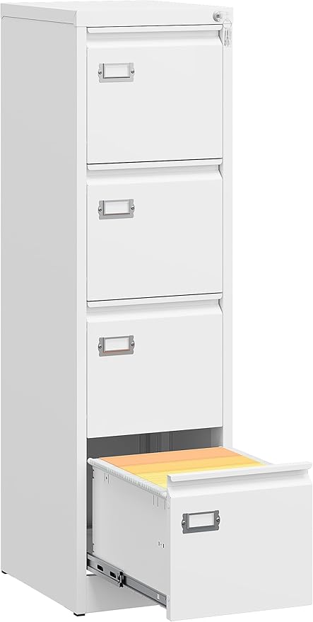 SISESOL 4 Drawer File Cabinet with Lock and Tag,White Vertical File Cabinet,Narrow Locking Filing Cabinets with Drawers,Metal Filing Storage for Home Office Fit A4 Legal/Letter Size