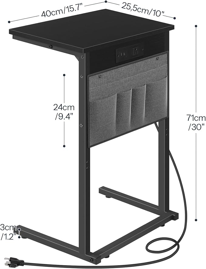 HOOBRO C Shaped End Table with Charging Station, 28" H Couch Side Table Slide Under, Sofa Arm Tray Table with Storage Bag for Living Room, Recliner, Black BB70USF01