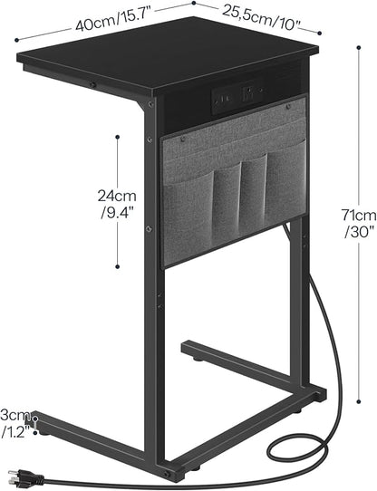 HOOBRO C Shaped End Table with Charging Station, 28" H Couch Side Table Slide Under, Sofa Arm Tray Table with Storage Bag for Living Room, Recliner, Black BB70USF01