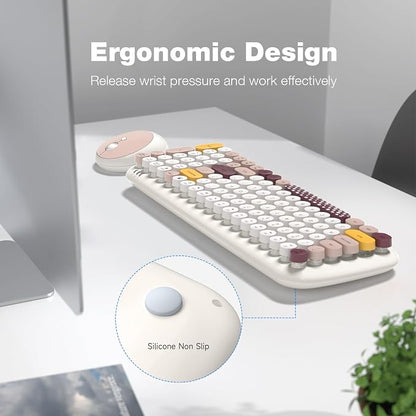 MOFII Wireless Keyboard and Mouse Combo, Full-Size Retro Typewriter-Style Wireless Keyboard with Optical Mouse for Computer/Laptop/Windows/Mac (Off White Colorful)