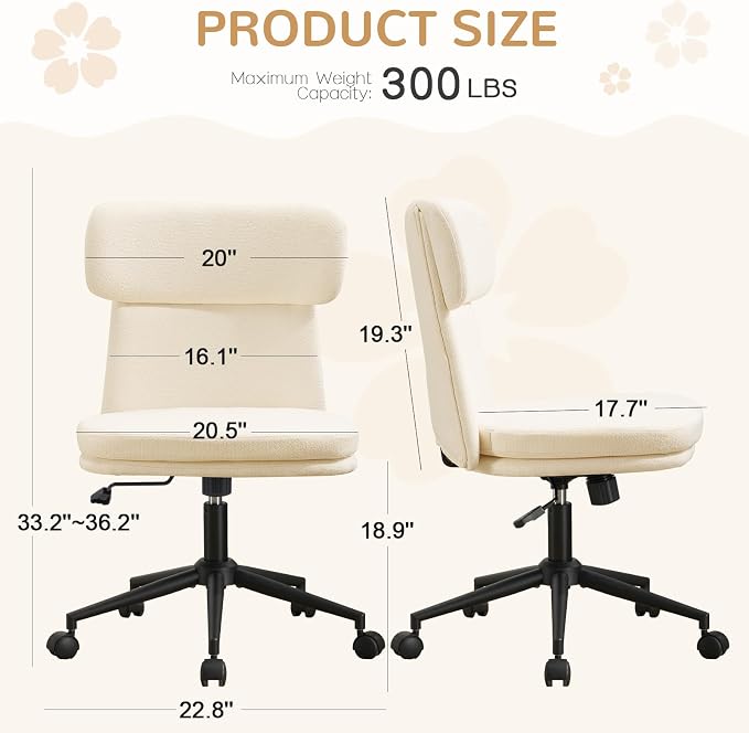 Furniliving Armless Office Chair, Upholstered Chenille Desk Chair with Wheels, Adjustable Swivel Computer Vanity Chair with Double-Layer Cushion, Beige