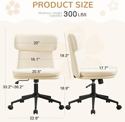 Furniliving Armless Office Chair, Upholstered Chenille Desk Chair with Wheels, Adjustable Swivel Computer Vanity Chair with Double-Layer Cushion, Beige