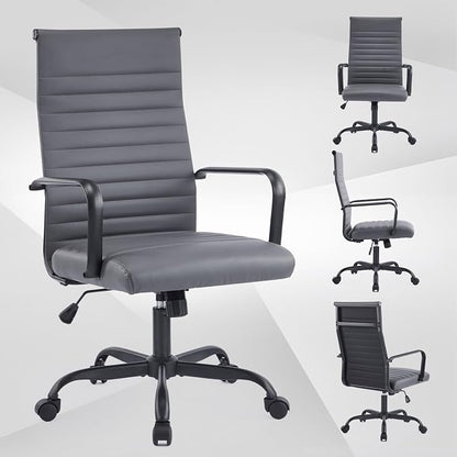 Office Chair, Ergonomic Executive Conference Room Chairs, Ribbed Leather Desk Chair with Lumbar Support, Adjustable Height Mid-Back Swivel Chair with Padded Seat