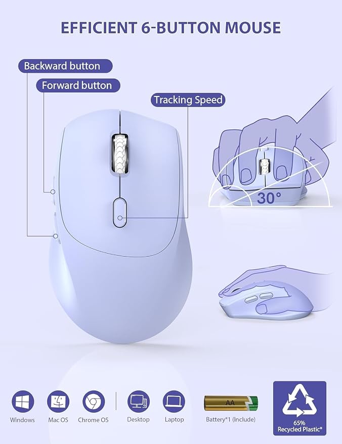 SABLUTE Wireless Keyboard and Mouse, Wrist Rest, Phone Holder, Batteries Included, 2.4G Lag-Free Ergonomic Keyboards Mouse Combo, KM23D Silent Keyboards Set for Computer, Laptop, PC, Windows, Purple
