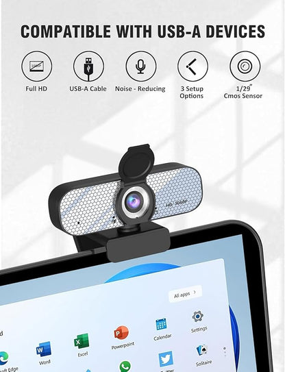 HD 1080P Webcam with Built-in Microphone and Rotatable Tripod, 1080P Video and Wide Angle Camera, Privacy Cover, for Desktop PC or Laptop Computer （White）