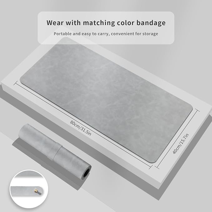 Desk Pad Soft PU Leather Large Mouse Pad Laptop Computer Desk Mat Table Blotter Flat Smooth Waterproof Non-Slip Desktop Protector Writing Pad for Office and Home (Light Grey, 80x40cm)