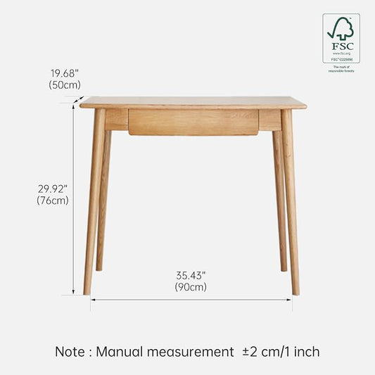100% Solid Oak Wooden Desk Home Office Desk Mid Century Modern Writing Computer Desk with Drawer for Home Office 35"