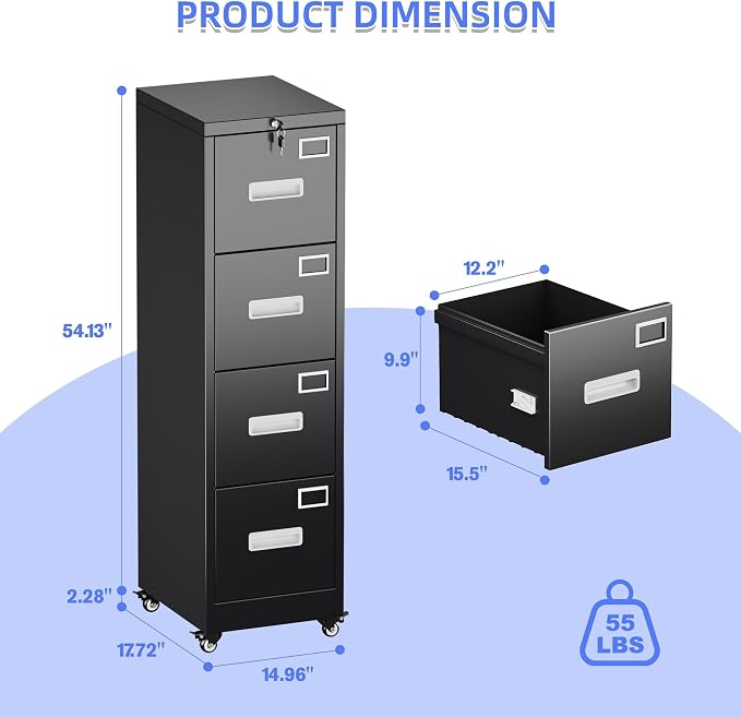 METAN 4 Drawer Metal File Cabinet with Lock, Mobile Heavy Duty Steel Filing Cabinet with Full Extension Rails, for Office Workspaces, Letter Legal Size, Black, Assembly Required