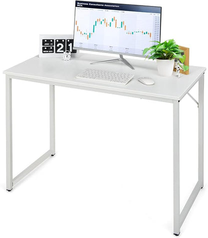 COSTWAY Home Office Computer Desk, 40 inch Modern Simple Writing Study Desk, Metal Frame Gaming Desk, Laptop PC Workstation for Living Room, Bedroom & Study (White)