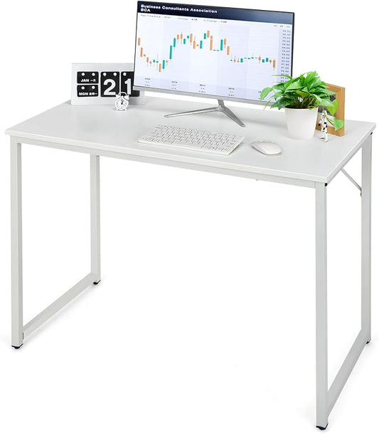 COSTWAY Home Office Computer Desk, 40 inch Modern Simple Writing Study Desk, Metal Frame Gaming Desk, Laptop PC Workstation for Living Room, Bedroom & Study (White)