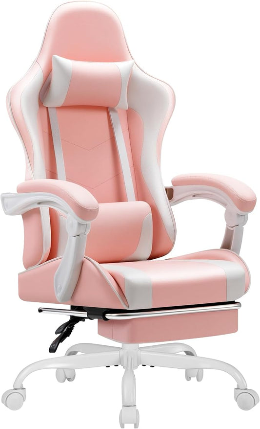 Shahoo Gaming Chair with Footrest and Massage Lumbar Support, Video Racing Seat Height Adjustable with 360° Swivel and Headrest for Office or Bedroom, Light Pink