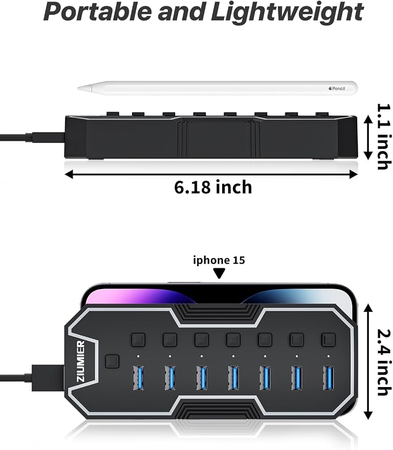 USB Hub 7 Port, RGB LED Strip USB Splitter for Laptop Gaming | USB 3.0 Hub with Individual LED On/Off Switches for Mac, PC, Desktop, Flash Drive, Mobile HDD