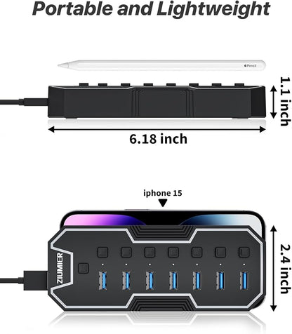 USB Hub 7 Port, RGB LED Strip USB Splitter for Laptop Gaming | USB 3.0 Hub with Individual LED On/Off Switches for Mac, PC, Desktop, Flash Drive, Mobile HDD