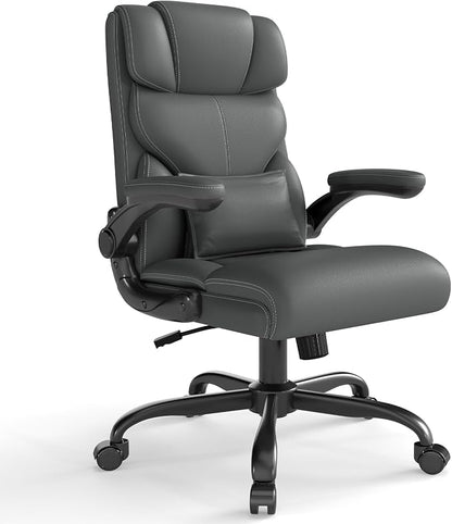 Executive Office Chair with Flip-up Armrests,Ergonomic Computer Desk Chairs,Mid-Tall Back Leather Office Chair,Lumbar Support Swivel PC Chair with Rocking Function