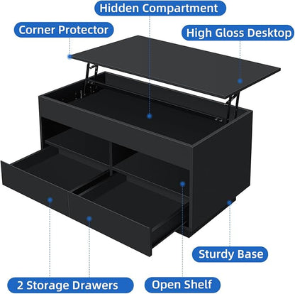 HOMMPA LED Coffee Table with Lift Top Morden Coffee Table with Storage High Gloss Black Sofa Table for Living Room Center Tables Hidden Compartment & 2 Drawers & 2 Open Shelve