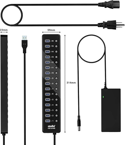 Power USB Hub 3.0, atolla 16 Port USB Splitter with 12V/6A Power Adapter and Individual Switches, High-Speed Data Transfer for Laptop, PC, Mac, and More Devices