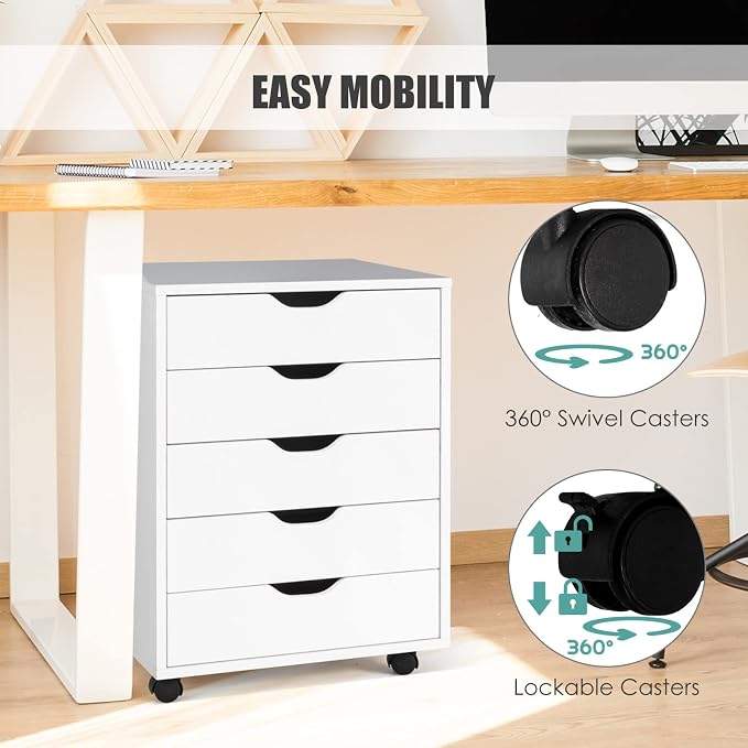 5 Drawers File Storage Cabinet, 26.5" Vertical Filling Cabinet for Home Office, Under Desk Office Drawer Organizer, Universal & Lockable Casters, Rolling Printer Storage Rack (White)