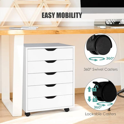 5 Drawers File Storage Cabinet, 26.5" Vertical Filling Cabinet for Home Office, Under Desk Office Drawer Organizer, Universal & Lockable Casters, Rolling Printer Storage Rack (White)