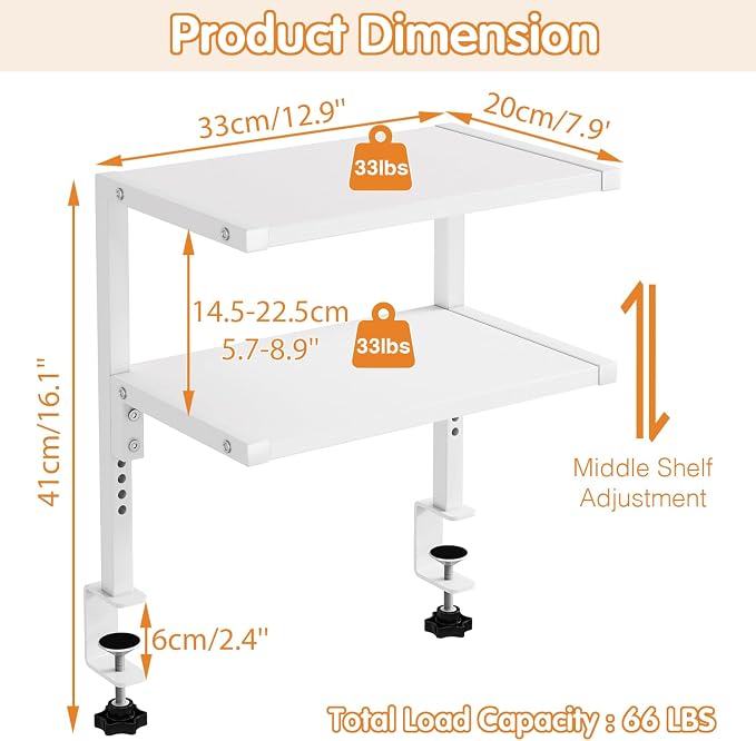 IBUYKE Clamp on Desk Organizer Shelf,12.9 inches Desk Extender Shelves, Above or Below Desk 2-Tier Adjustable Storage Shelves for Desktop Accessories,White,TMZ007W