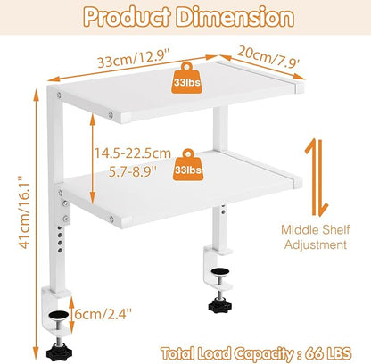 IBUYKE Clamp on Desk Organizer Shelf,12.9 inches Desk Extender Shelves, Above or Below Desk 2-Tier Adjustable Storage Shelves for Desktop Accessories,White,TMZ007W
