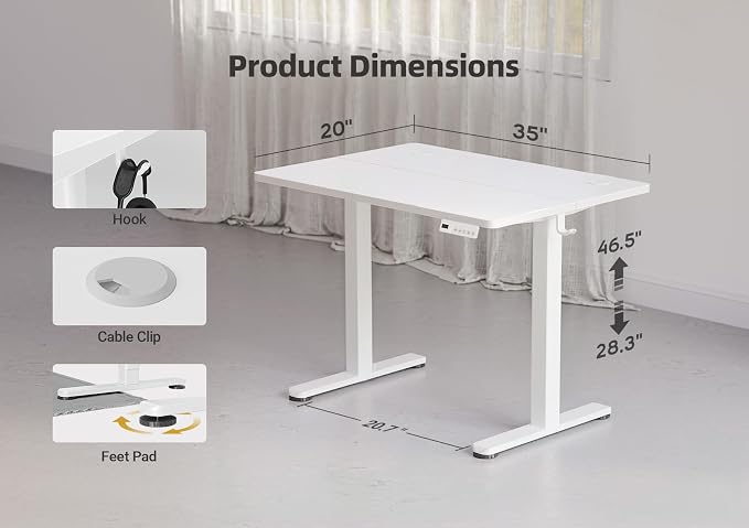YDN Electric Standing Desk Adjustable Height, 35 x 20 Inches Stand up Desk with Cable Management, Home Office Desks with Splice Board & White Frame, White Top