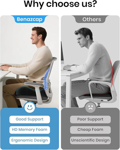 Benazcap Large Memory Foam Office Chair Cushion Seat Pad, Ergonomic Seat Cushion for Sciatica, Tailbone & Back Pain Relief, Car Seat Cushions for Driving